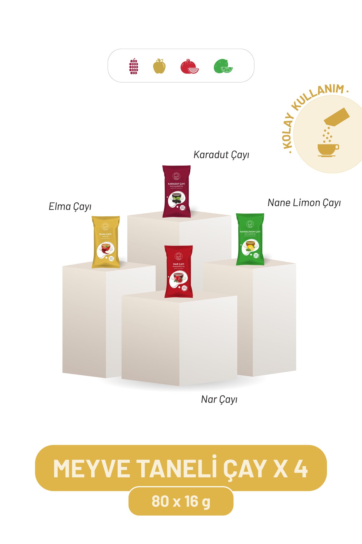 Tek Kullanımlık Meyve Taneli Çaylar 4 Çeşit (Karadut - Elma - Nar - Nane Limon) 80 x 16 g
