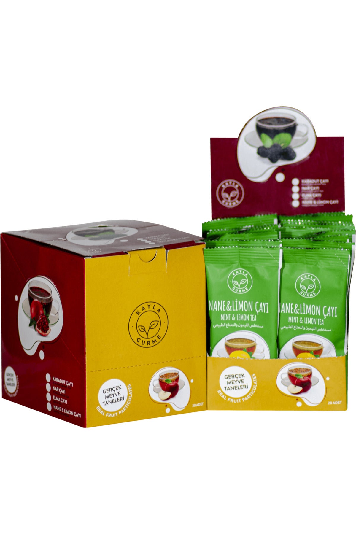 Tek Kullanımlık Meyve Taneli Çaylar 4 Çeşit (Karadut - Elma - Nar - Nane Limon) 80 x 16 g