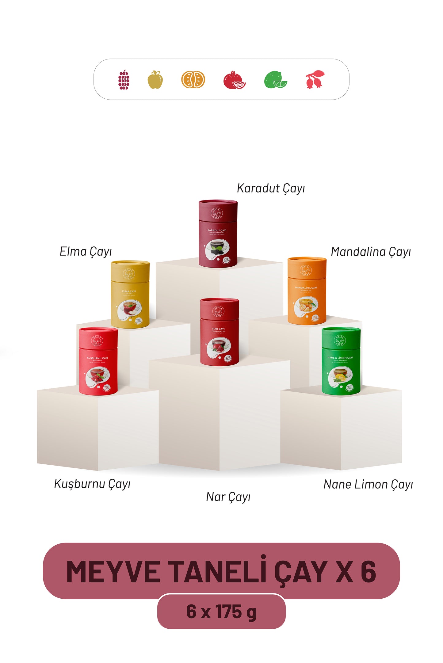Meyve Taneli Çaylar Silindir Kutu 6 x 175 g (Karadut, Elma, Nane Limon, Mandalina, Kuşburnu, Nar)