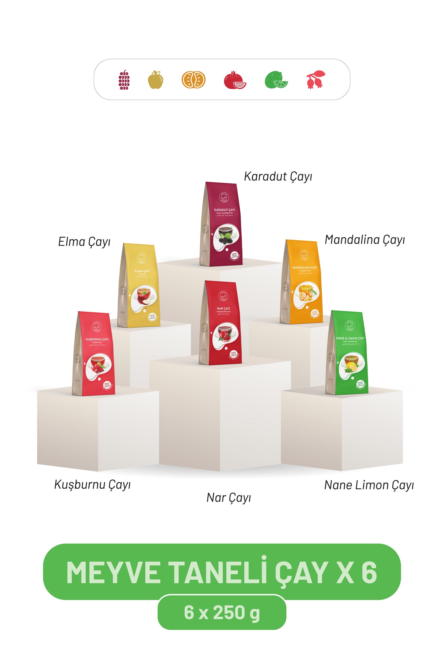 Meyve Taneli Çay 6 x 250 g (Karadut, Elma, Nane Limon, Mandalina, Kuşburnu, Nar) Gerçek Meyve Taneli